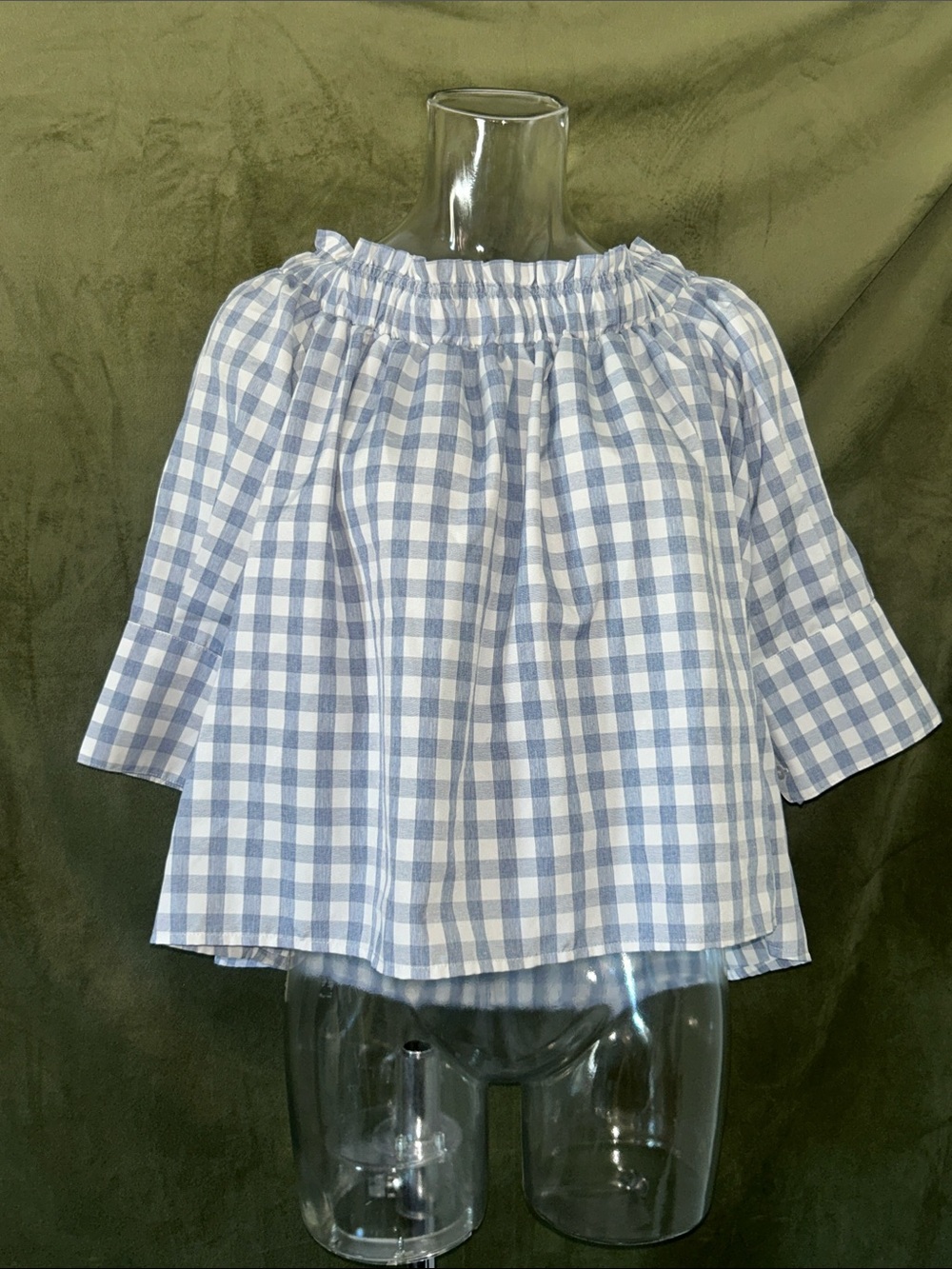 Alythea Blue and White Gingham Off-Shoulder Tunic